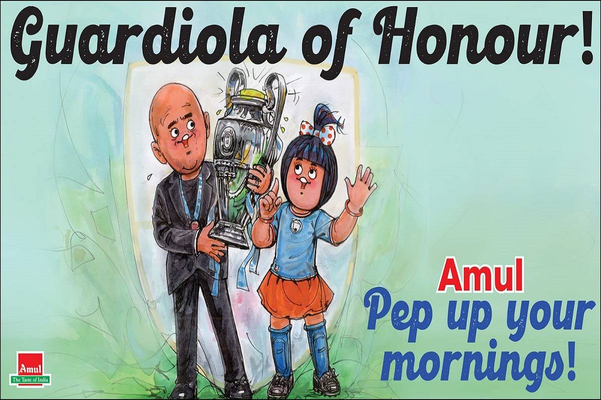 #Amul Topical: Master manager leads Man City to a treble! Photo Source: Twitter/@Amul_Coop
