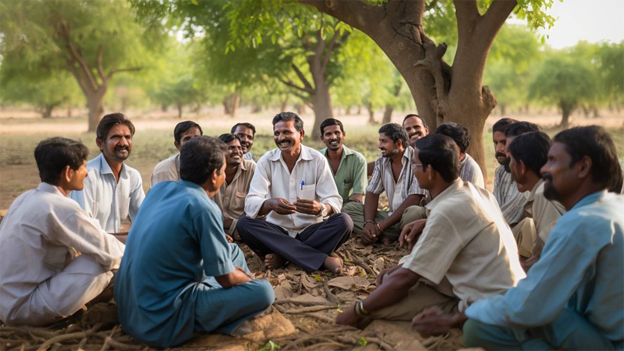 A local farmer's group discussing on a subject with a leader. Image Generated by Midjourney.