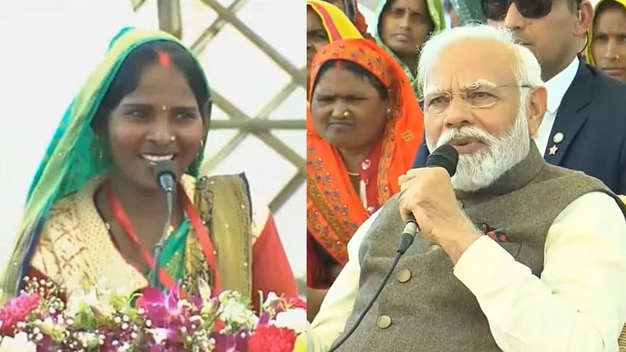 Prime Minister Narendra Modi asks 'lakhpati didi' Chanda Devi to join politics. (Photo Courtesy: Twitter/@manjit2007)