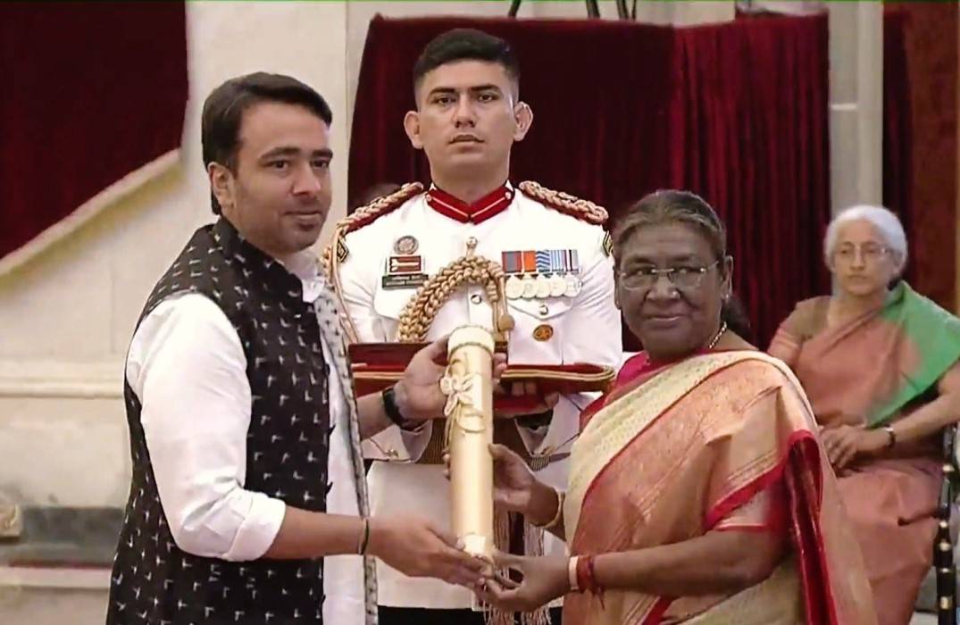 Jayant Singh Chaudhary, the grandson of the late Chaudhary Charan Singh, accepting the Bharat Ratna on behalf of his grandfather-Chaudhary Charan Singh