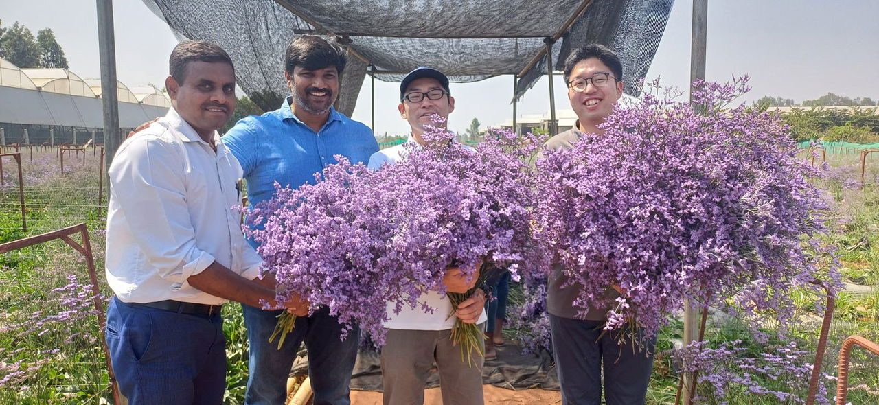 Srikanth Bolapally showcasing his production of sea lavender with his happy customers