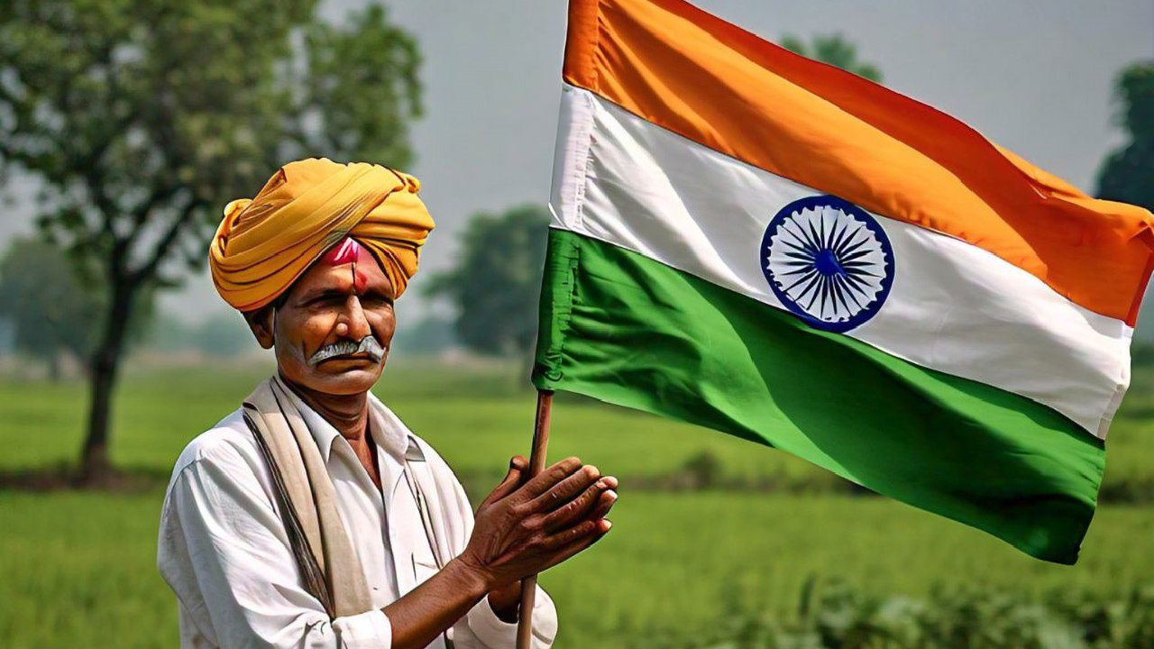 A pictorial representation of a farmer with national flag (Image Source: Meta AI)